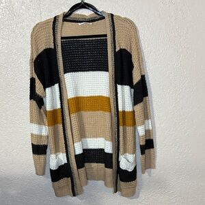 Chic Striped Cardigan in Tan, Black, and White